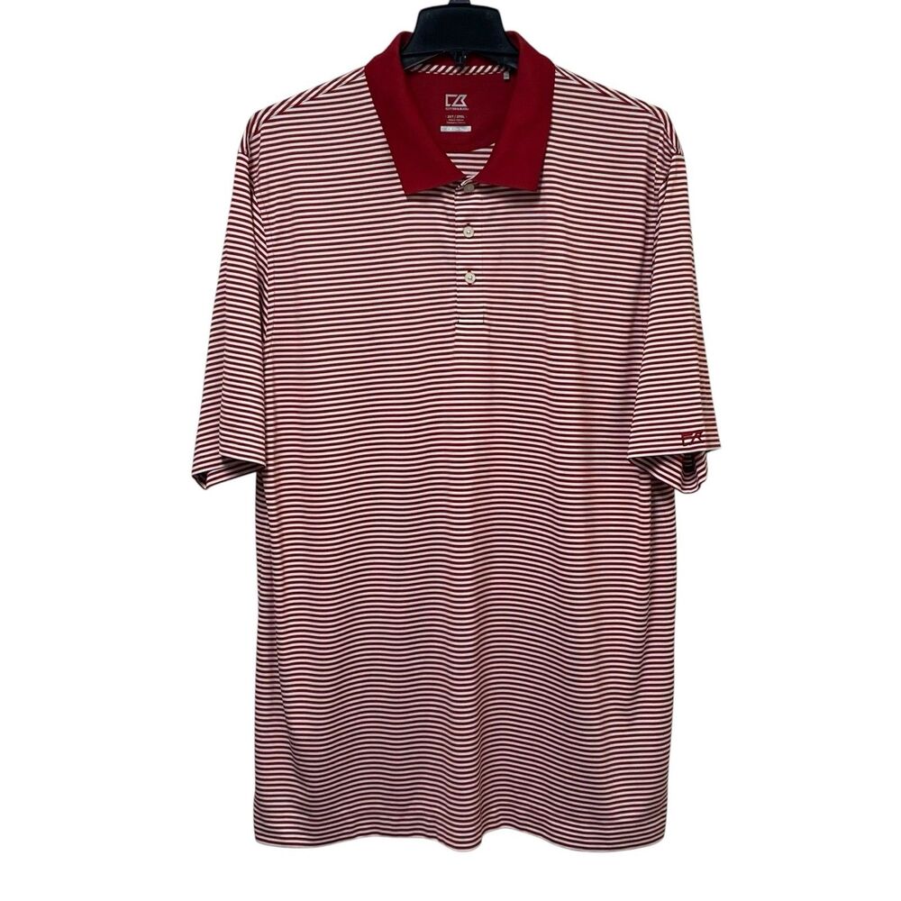 Cutter & Buck Polo Shirt Mens 2XT Red Striped Short Sleeves DryTec Wicking Golf